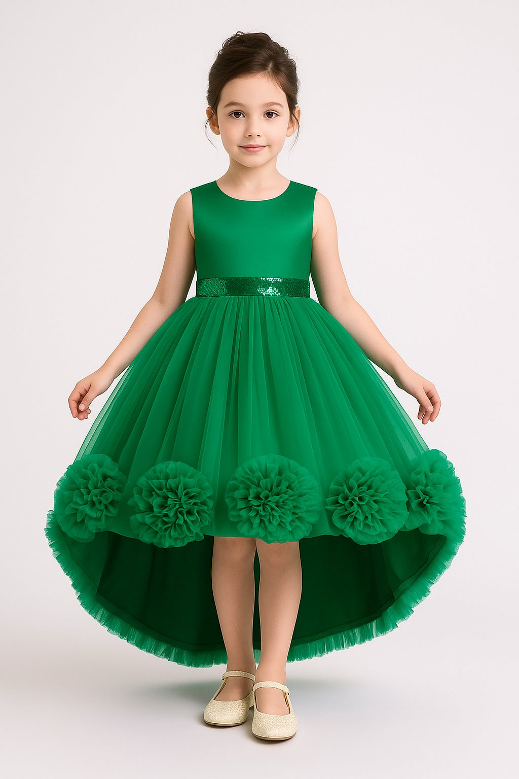Emerald Green High-Low Party Dress for Girls – Sequin Belt & Pom-Pom Tulle Skirt - Inayah Fashion