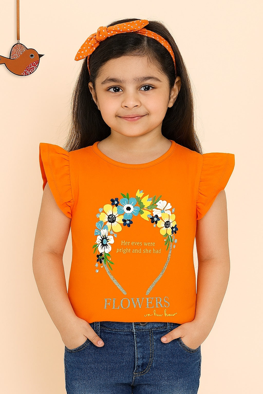Bright Orange Girls T-Shirt – Flowers in Her Hair Floral Print - Inayah Fashion
