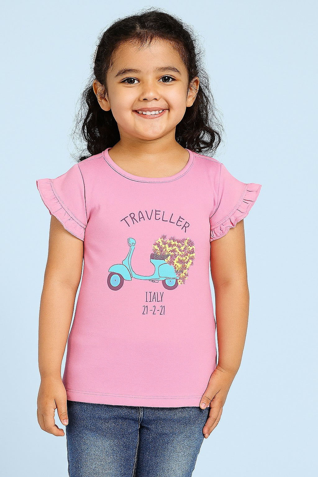 Pink Girls T-Shirt – Traveller Blue Scooter with Floral Heart - Inayah Fashion