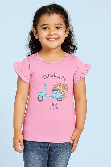 Pink girls t-shirt with travel-themed Italy print and ruffled sleeves