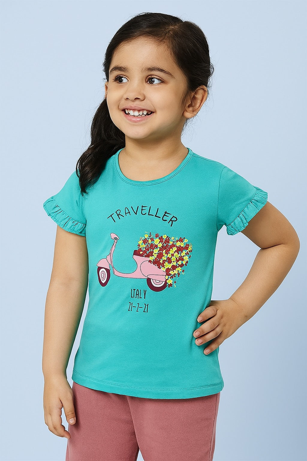 Aqua Blue Girls T-Shirt – Traveller Pink Scooter & Floral Heart Print - Inayah Fashion