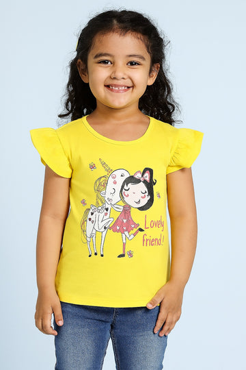 Yellow Girls T-Shirt – Lovely Friend Girl & Unicorn Print - Inayah Fashion