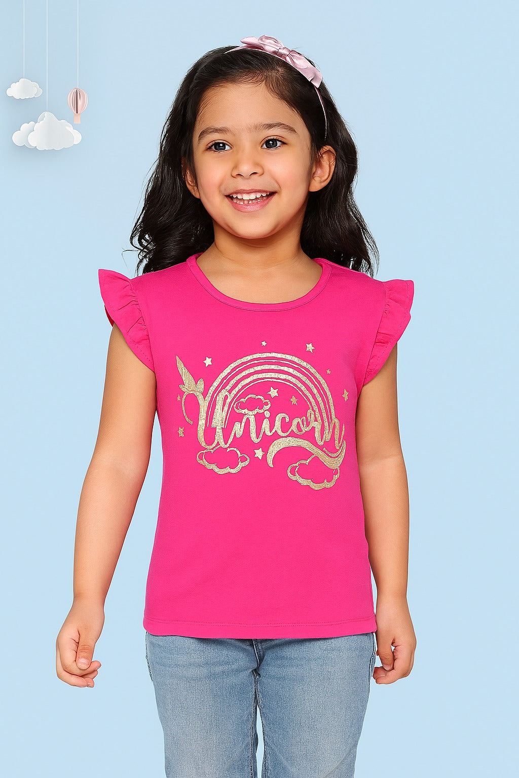 Hot Pink Girls T-Shirt – Gold Foil Unicorn Rainbow Design - Inayah Fashion