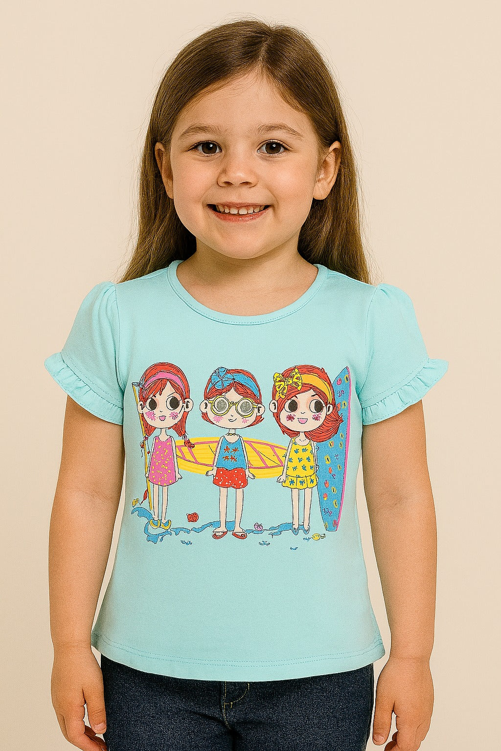Aqua Blue Ruffle Sleeve Girls T-Shirt – Beach Girl Print - Inayah Fashion