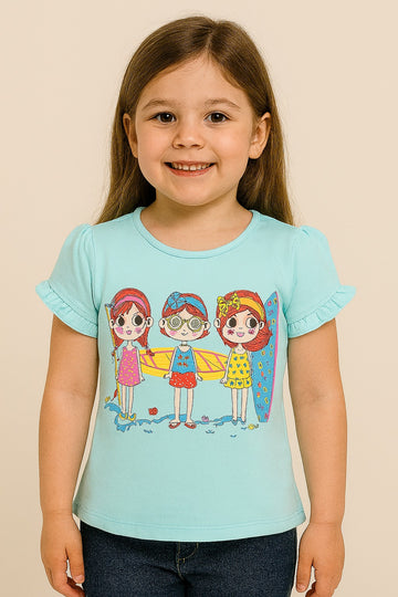 Aqua Blue Ruffle Sleeve Girls T-Shirt – Beach Girl Print - Inayah Fashion