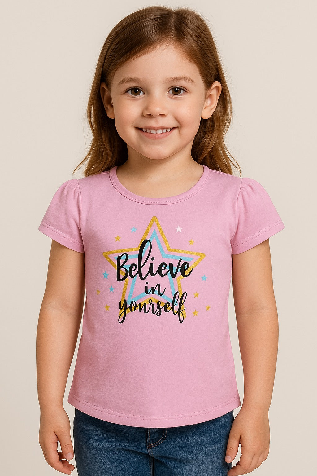 Pink Motivational Girls T-Shirt – Believe in Yourself Star Print - Inayah Fashion