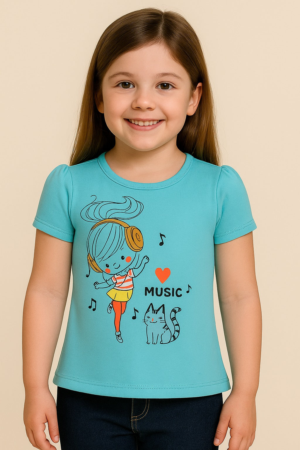 Aqua Blue Girls T-Shirt – Love Music Girl & Cat Print - Inayah Fashion