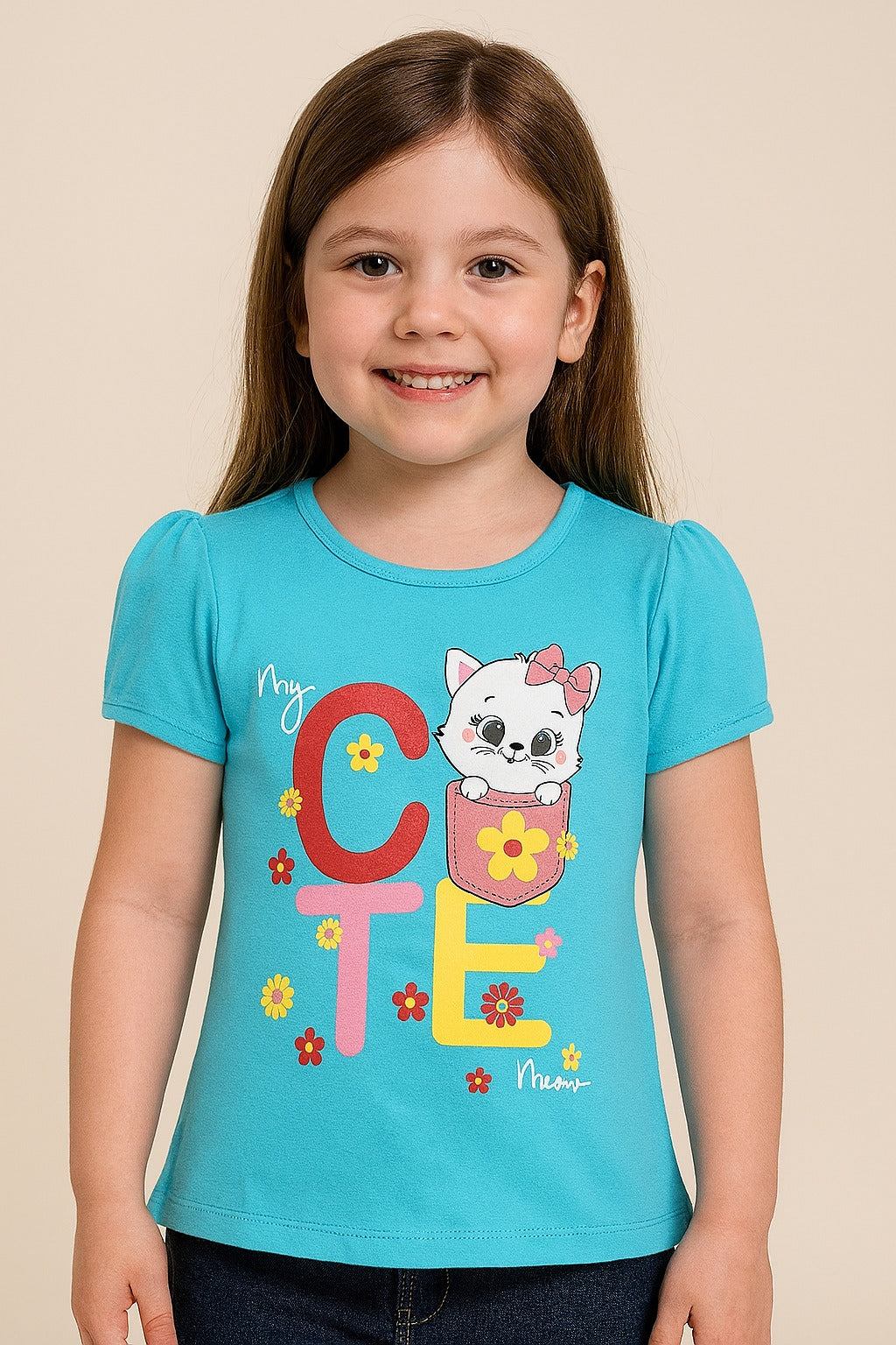 Girls sky blue cotton t-shirt with kitten and floral print
