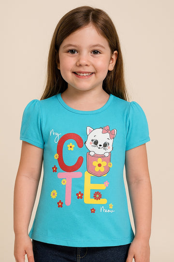 Girls sky blue cotton t-shirt with kitten and floral print