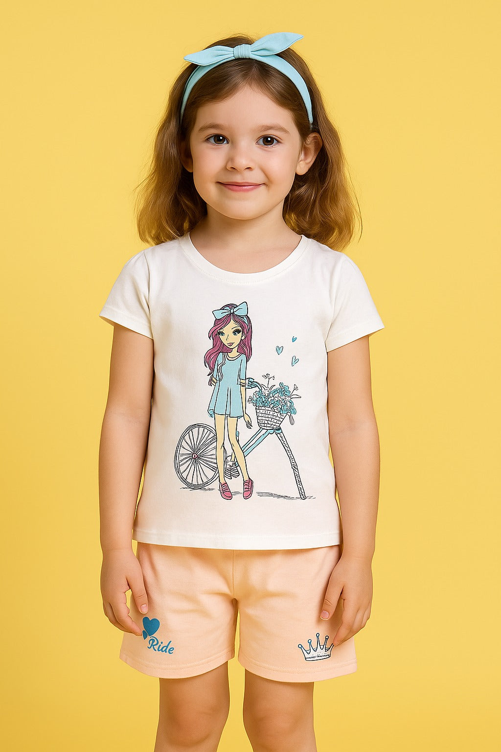 Cute Girl & Bicycle Co-ord Set – White T-Shirt with Peach Shorts - Inayah Fashion