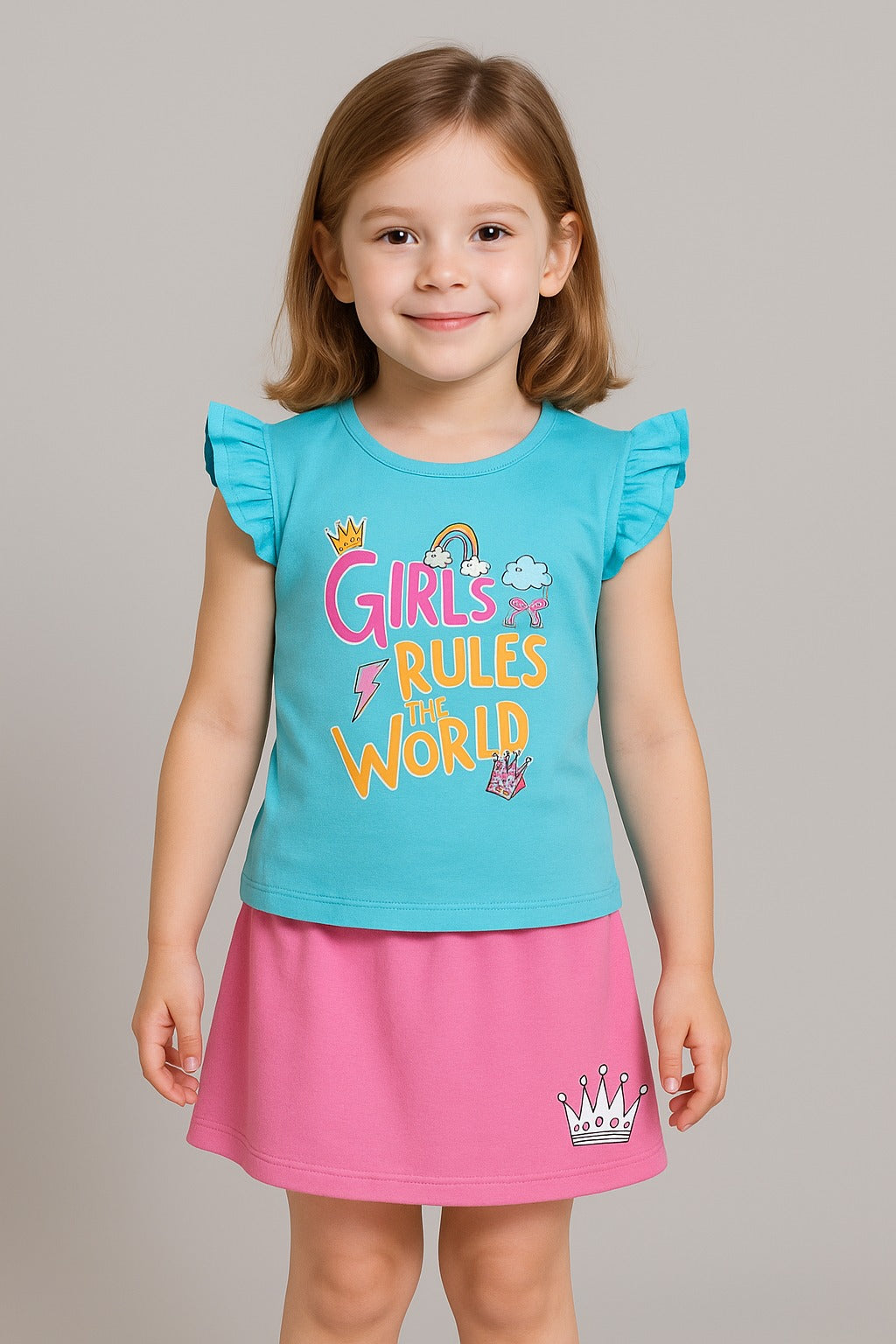 Girls Rule the World” Blue Frill Sleeve Top with Pink Skirt – 2-Piece Empowerment Outfit - Inayah Fashion