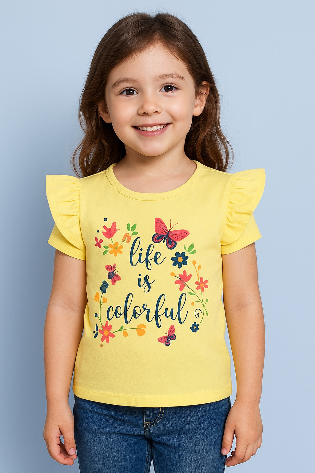 Girls yellow cotton t-shirt with floral butterfly print and frill sleeves