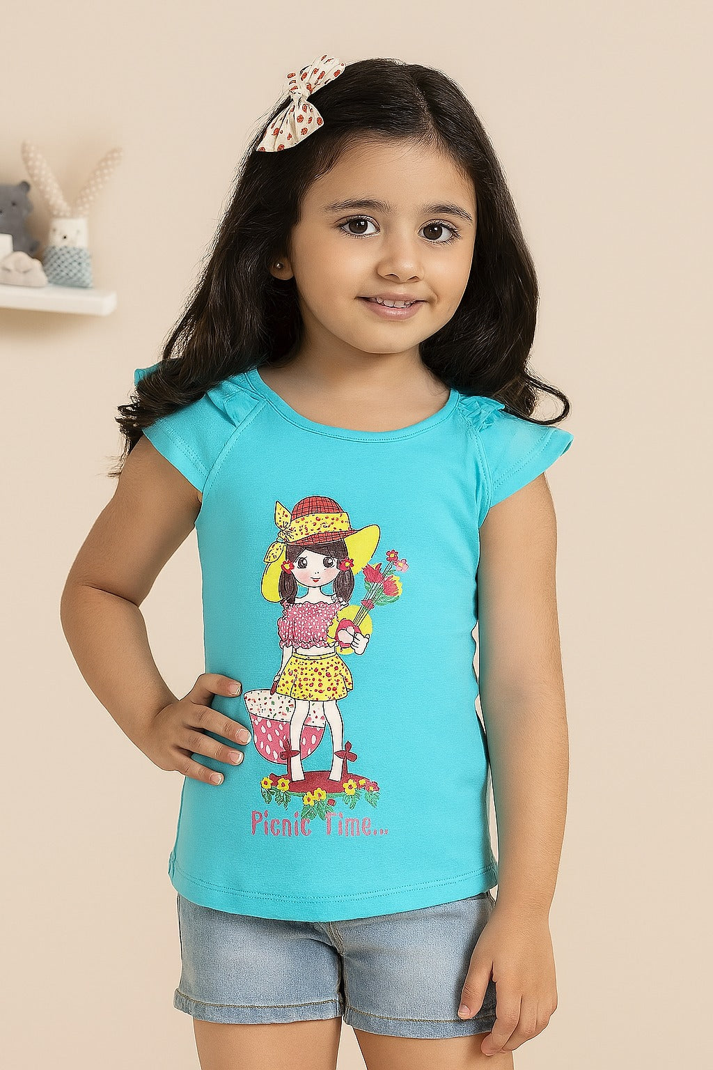 Girls Blue "Picnic Time" Cartoon Print Sleeveless Top – Cute Cotton Summer Wear - Inayah Fashion