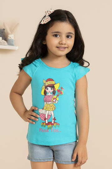 Girls Blue "Picnic Time" Cartoon Print Sleeveless Top – Cute Cotton Summer Wear - Inayah Fashion