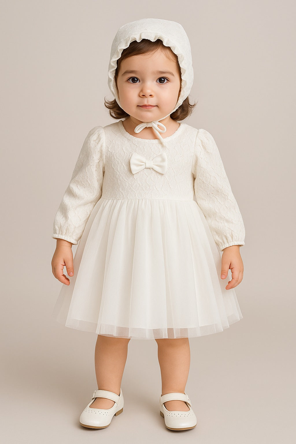 Baby Girls’ White Lace Party Dress with Bonnet - Inayah Fashion