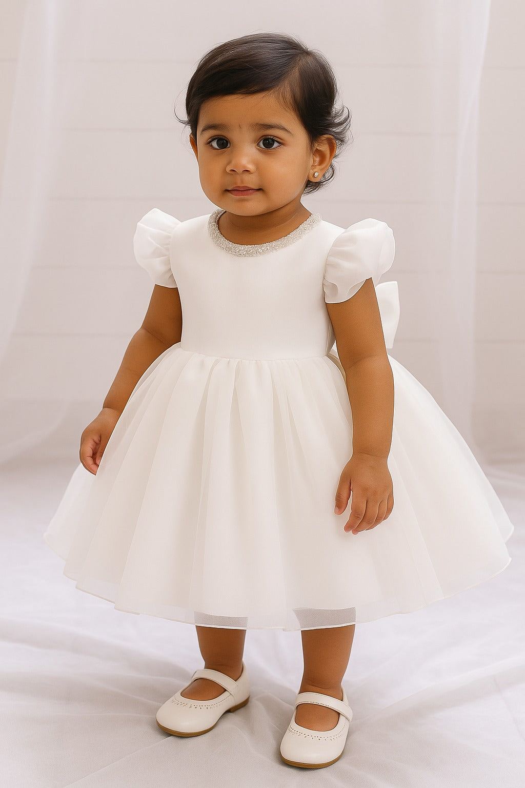 Elegant White Baby Gown with Pearl Neckline - Inayah Fashion