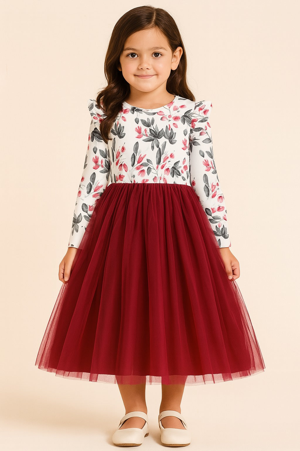 Elegant Floral Top and Burgundy Tulle Skirt Dress for Girls - Inayah Fashion