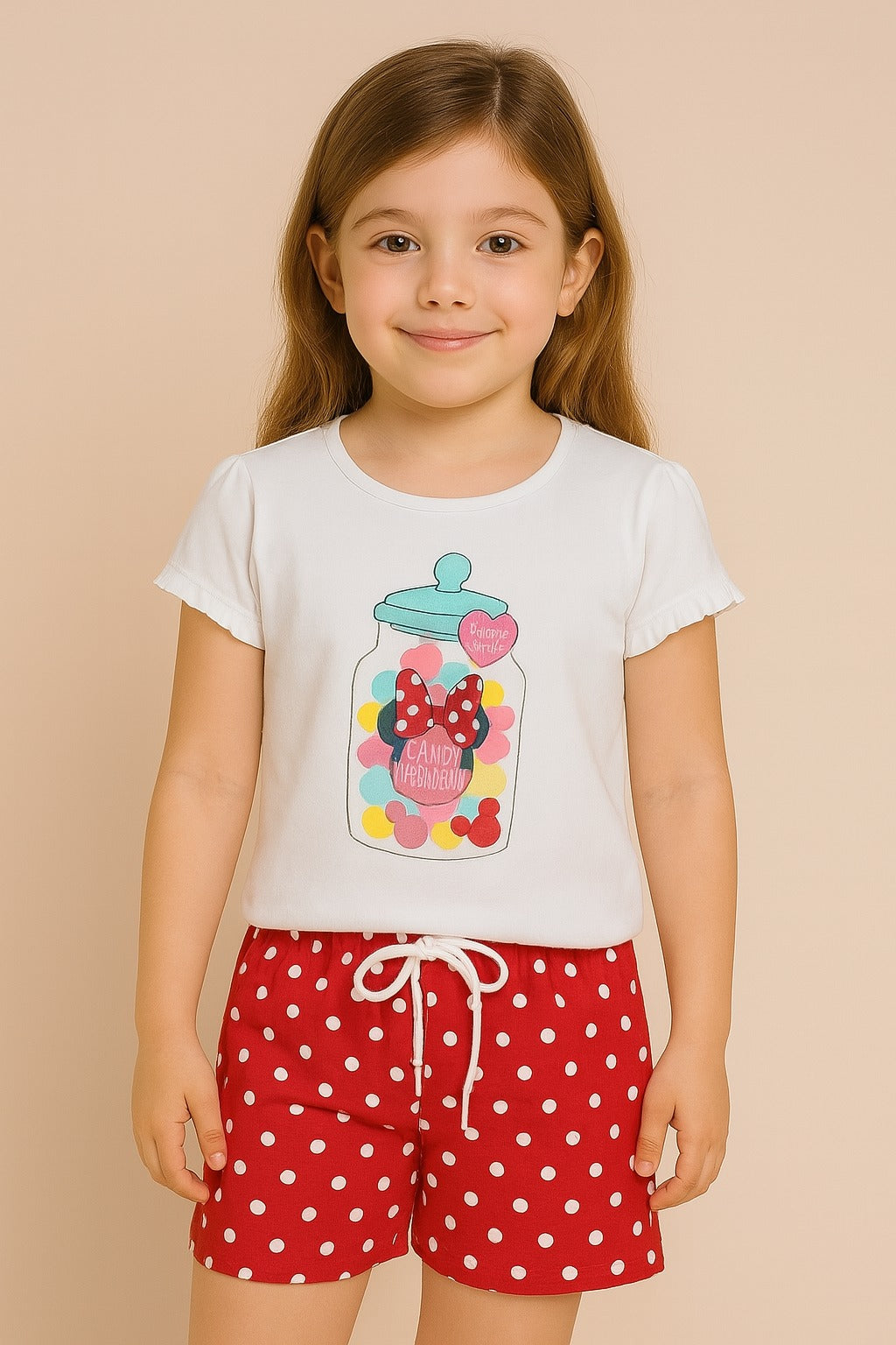 Girls White Minnie Mouse Candy Jar T-Shirt with Red Polka Dot Shorts – Disney Licensed Summer Set - Inayah Fashion