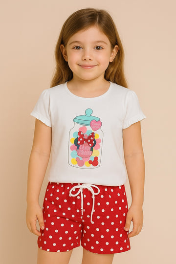 Girls White Minnie Mouse Candy Jar T-Shirt with Red Polka Dot Shorts – Disney Licensed Summer Set - Inayah Fashion