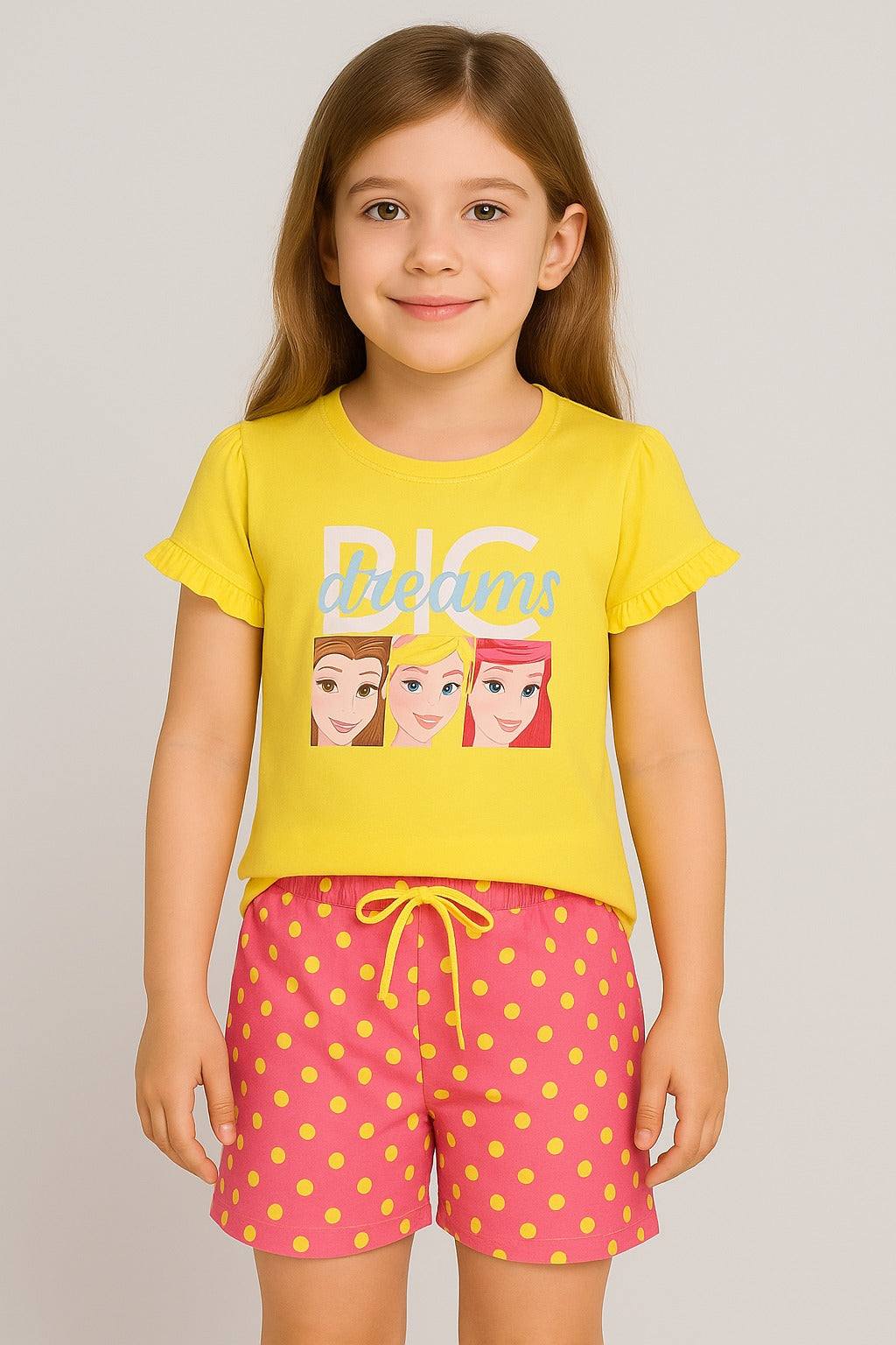 Girls Yellow Disney Princess “Big Dreams” T-Shirt with Pink Polka Dot Shorts – Official Summer Set - Inayah Fashion