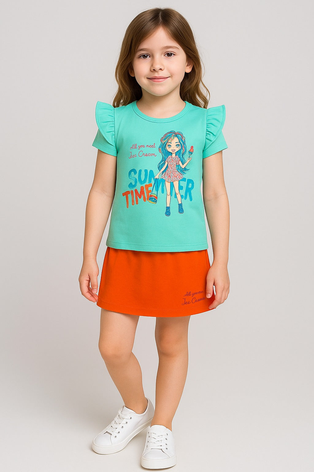 Girls Mint Green & Orange Summer Skirt Set with Ice Cream Print – Casual Wear - Inayah Fashion