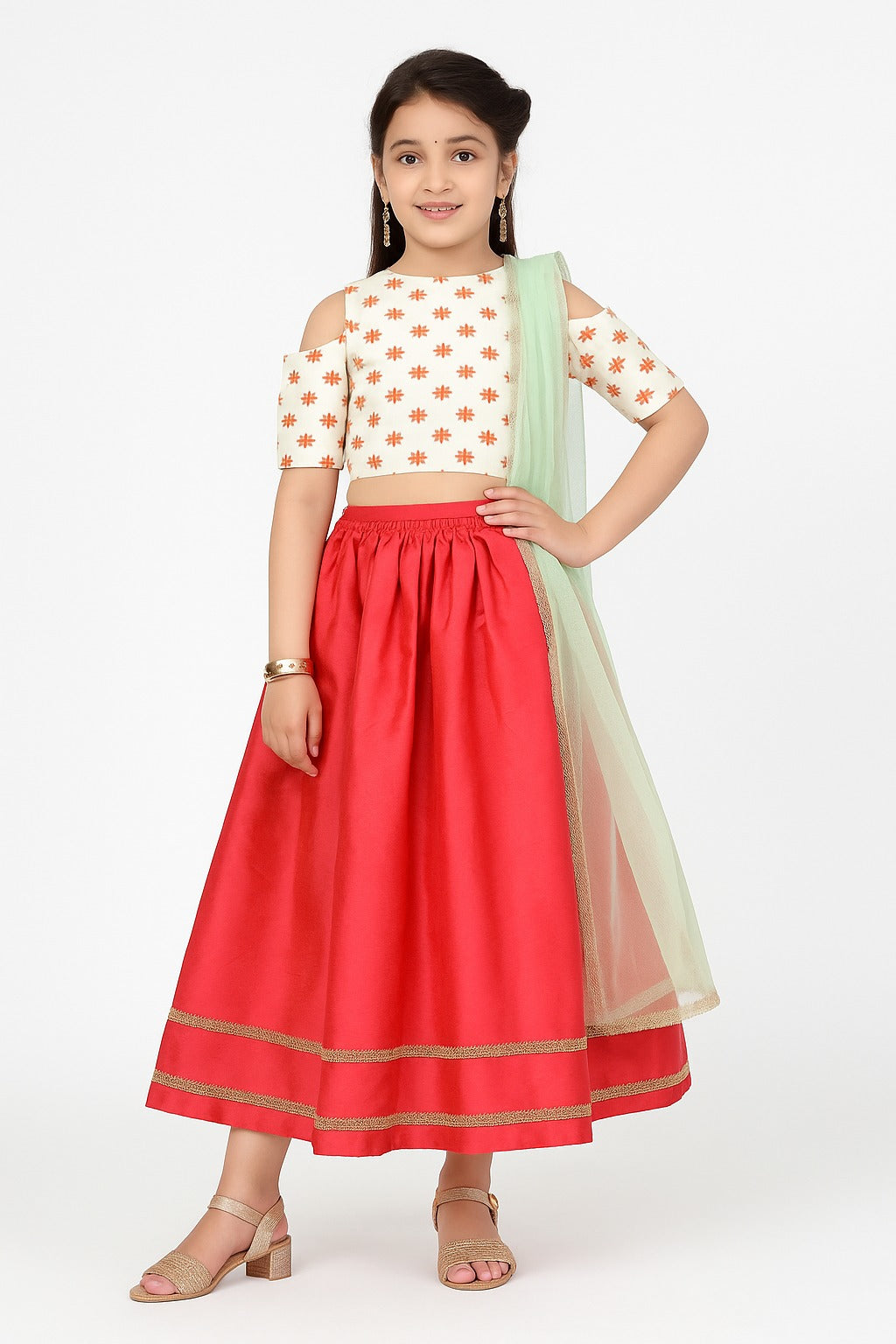 Ivory and Red Cold Shoulder Lehenga Set - Inayah Fashion