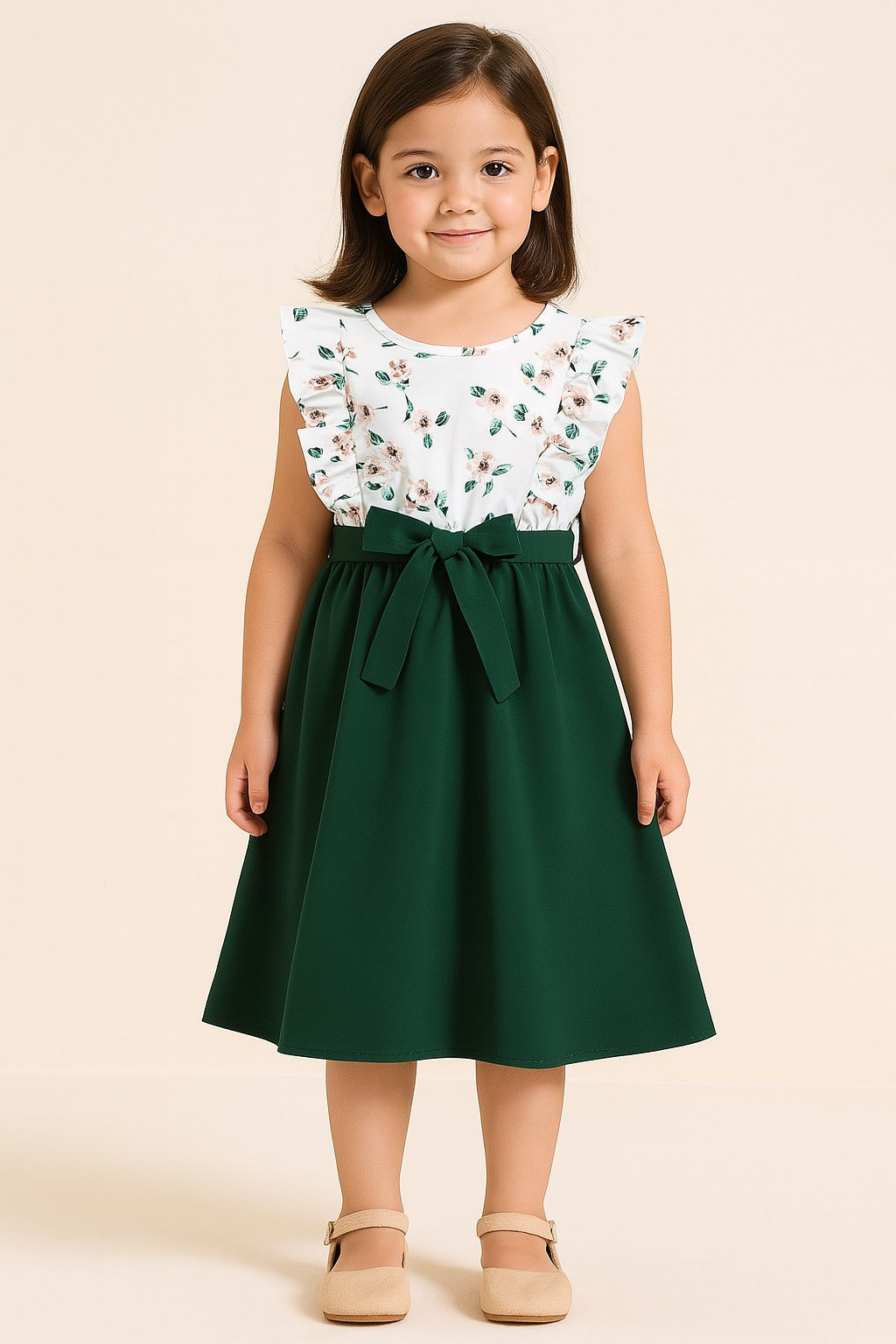 FElegant Green & White Floral Print Girls Dress – Sleeveless Ruffle Shoulder A-Line Frock - Inayah Fashion