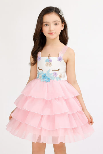Pink layered unicorn party dress for girls with sparkle tulle
