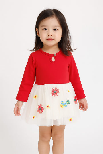 Girls red and white floral party dress with full sleeves and embroidered tulle skirt