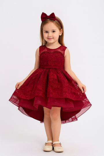 Burgundy High-Low Party Frock for Girls – Sleeveless Lace Gown with Pearls - Inayah Fashion