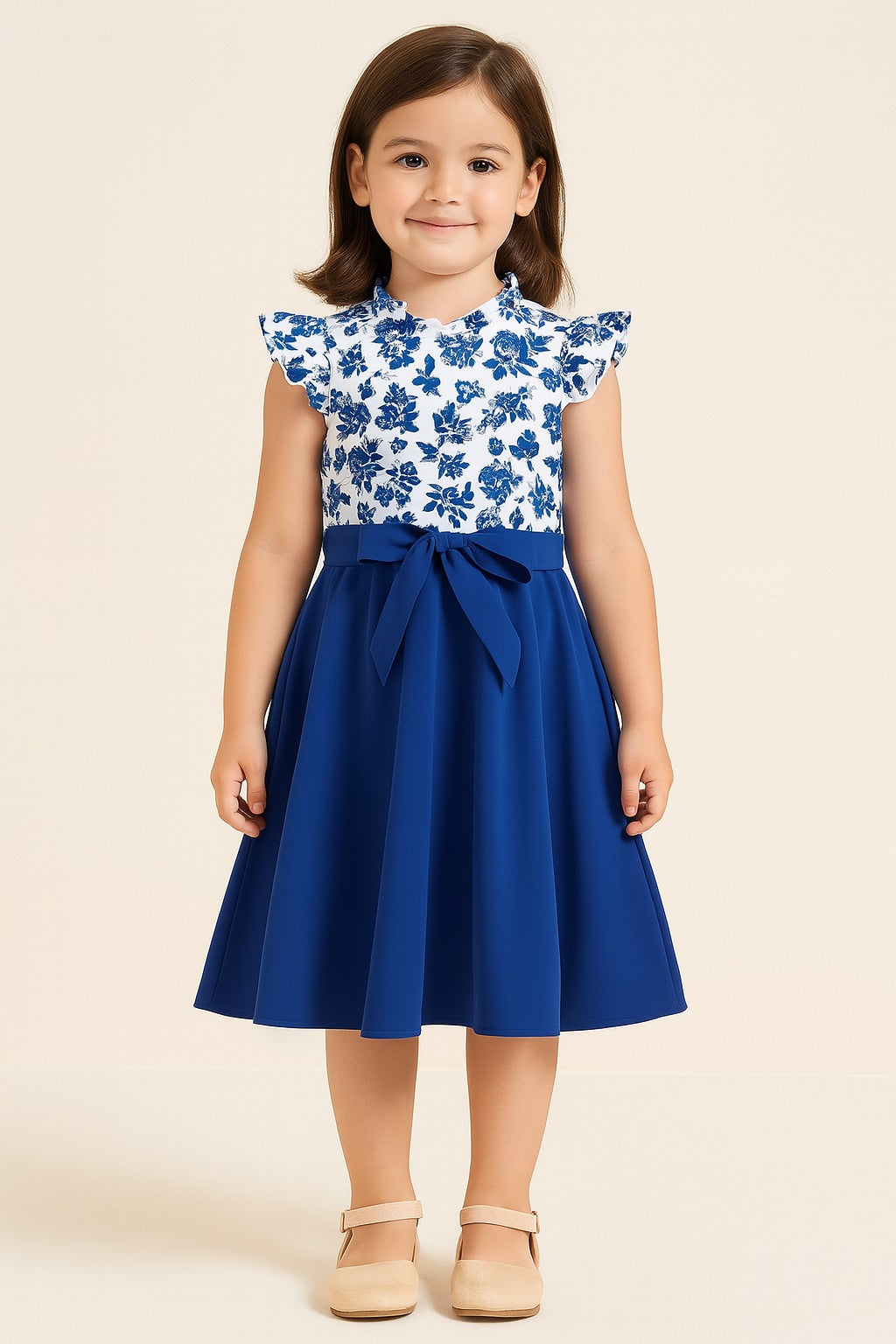 Blue Blossom Summer Dress – Floral Print Top & Solid Flare Skirt for Girls - Inayah Fashion