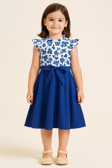 Blue Blossom Summer Dress – Floral Print Top & Solid Flare Skirt for Girls - Inayah Fashion