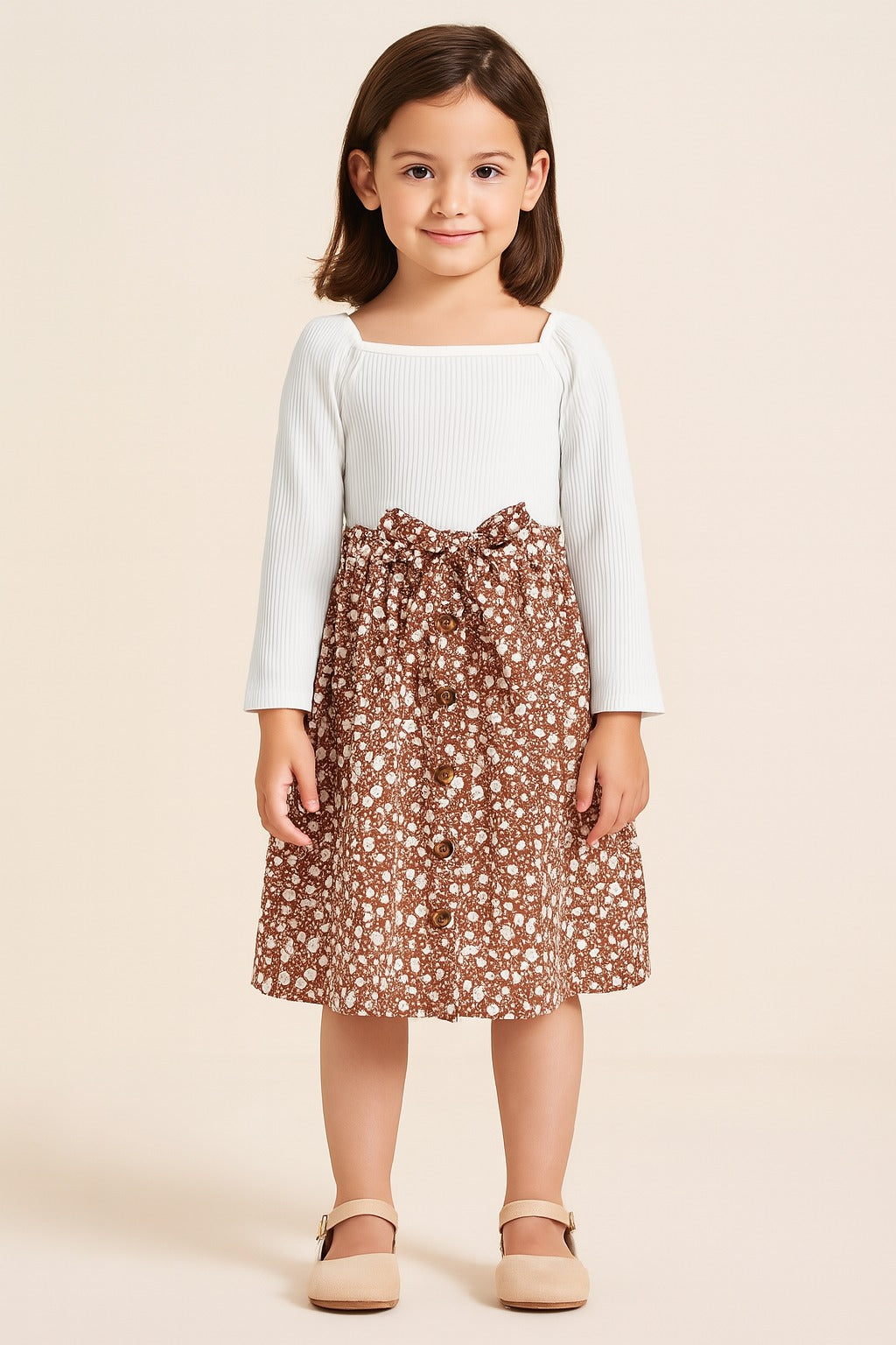 Chic Autumn Blossom – Floral Button-Down Dress with White Ribbed Top - Inayah Fashion