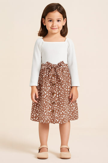 Chic Autumn Blossom – Floral Button-Down Dress with White Ribbed Top - Inayah Fashion