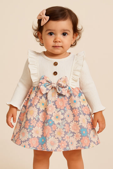 Floral Fantasy Baby Girl Dress – White Ribbed Long Sleeve Top with Frill Detail & Multicolor Dress - Inayah Fashion