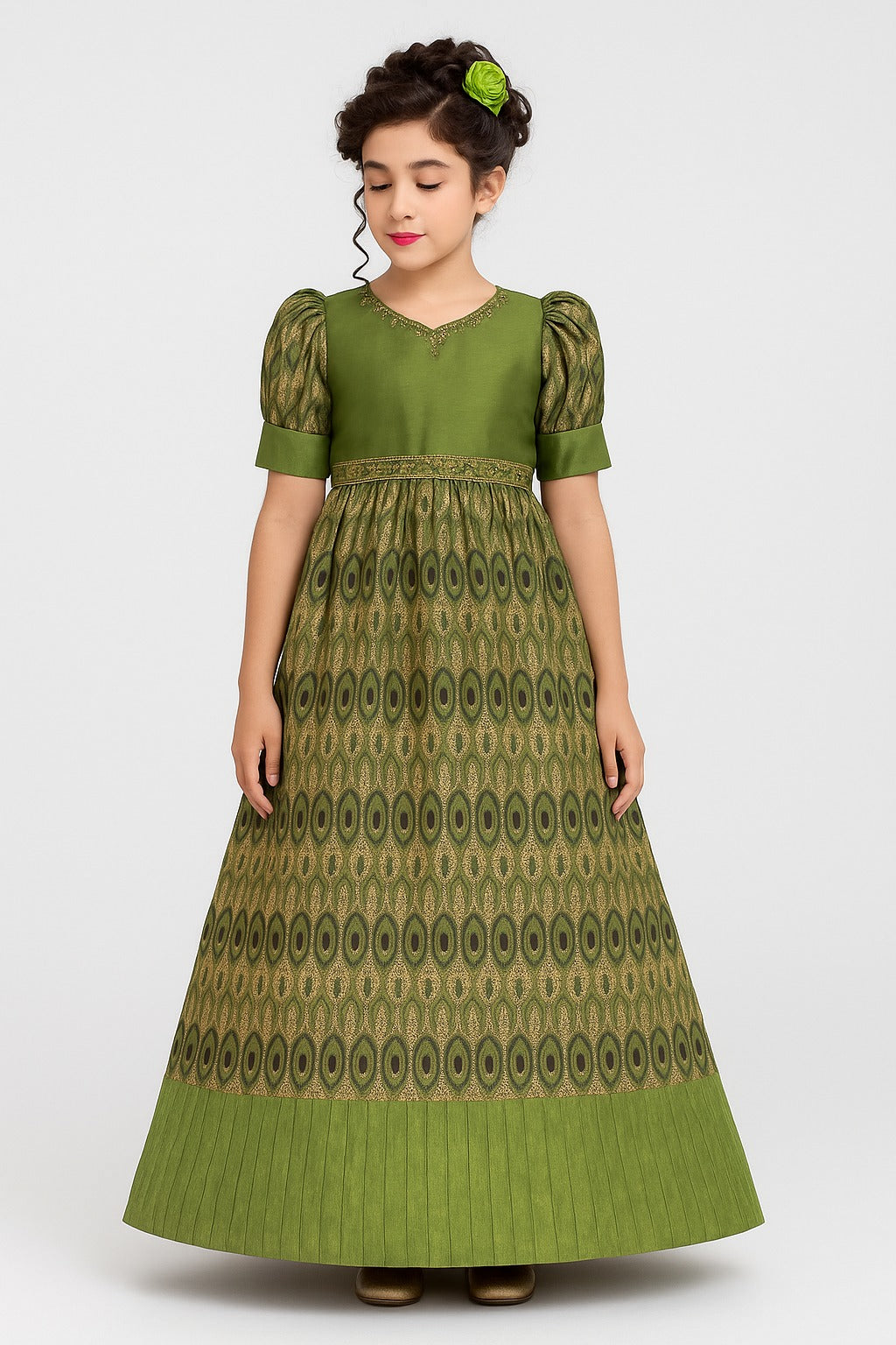 Royal Green Brocade Gown for Girls with Puff Sleeves, Zari Embroidery Gown - Inayah Fashion