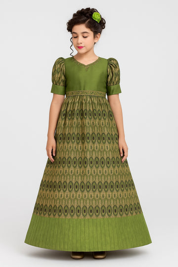 Royal Green Brocade Gown for Girls with Puff Sleeves, Zari Embroidery Gown - Inayah Fashion