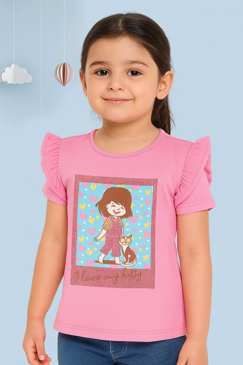 Girls Pink I Love My Kitty Cartoon Print T-Shirt – Soft Cotton Tee with Frill Sleeves - Inayah Fashion