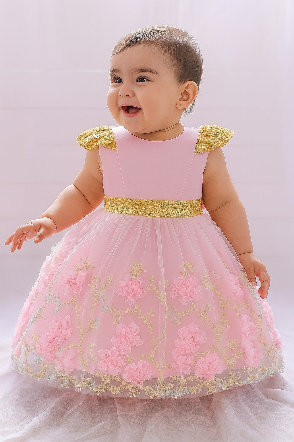Elegant Pink & Gold Floral Embroidered Baby Frock with 3D Flowers - Inayah Fashion