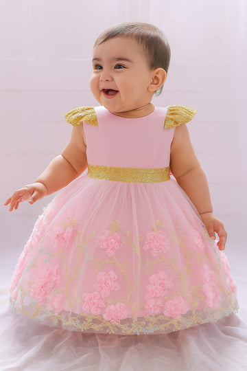 Pink and gold floral embroidered baby frock with 3D flowers