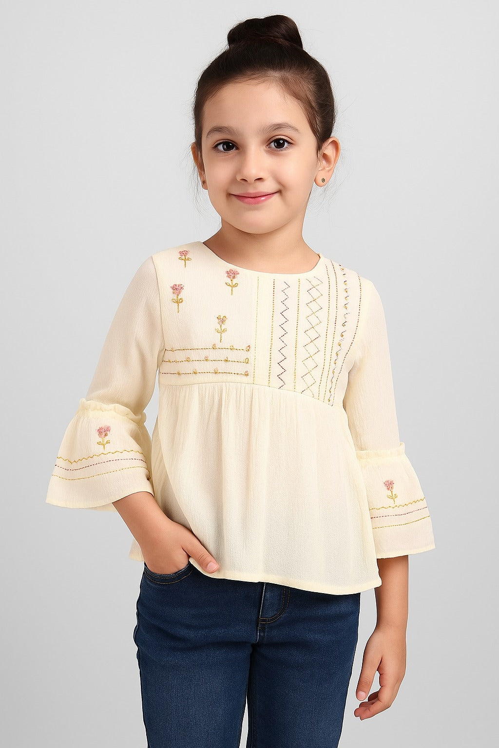 Cream Embroidered Peplum Top for Girls – Casual Ethnic Look - Inayah Fashion