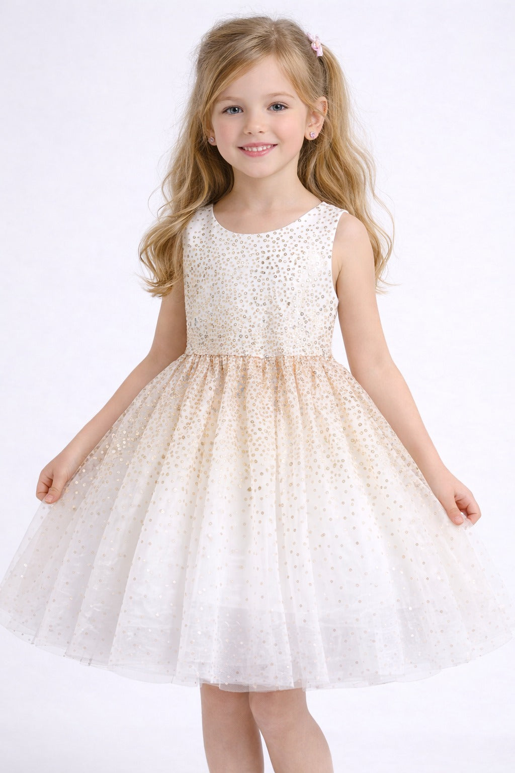 White sleeveless party dress for girls with gold sequin detailing and layered net skirt