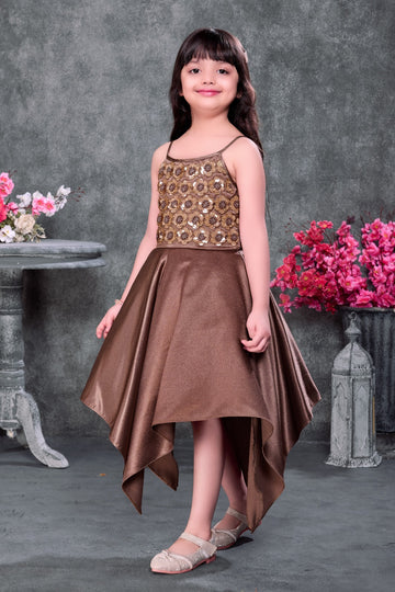 Elegant Bronze Floral Party Dress for Girls – High-Low Designer Dress-festive dresses for girls