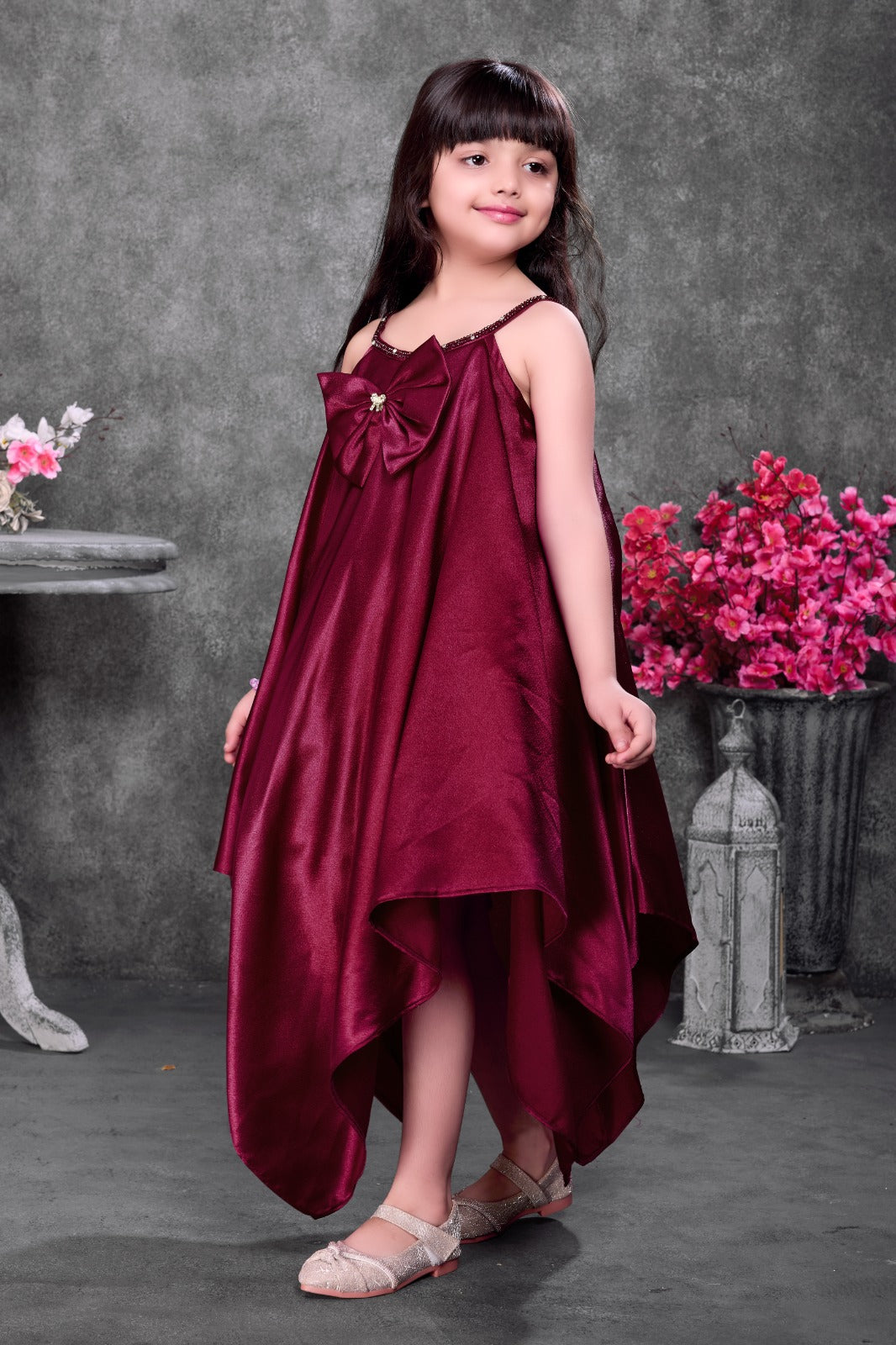 Wine red satin high-low party dress for girls