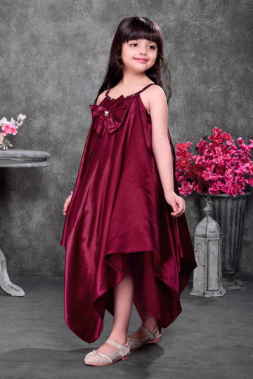 Wine red satin high-low party dress for girls