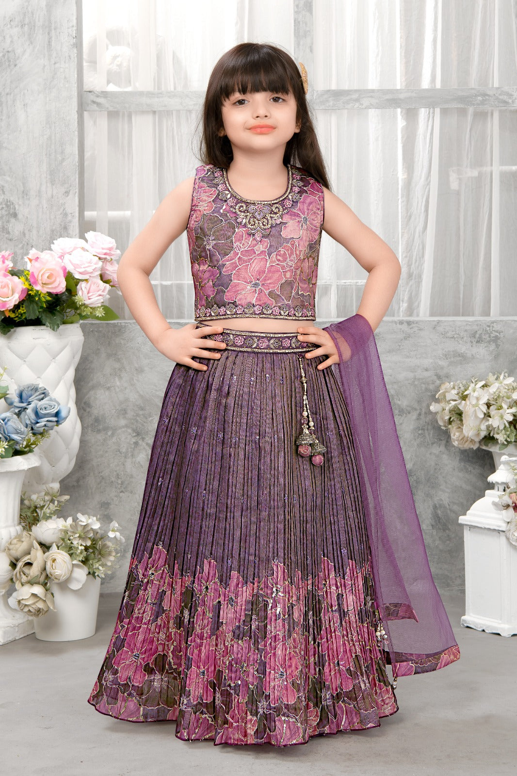 Purple floral lehenga choli set for girls with embroidery and dupatta