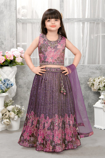 Purple floral lehenga choli set for girls with embroidery and dupatta