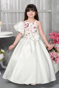 Elegant White One-Shoulder Gown for Girls | Floral Embroidered Bodice with Puffy Sleeve & Satin Flared Skirt - Inayah Fashion