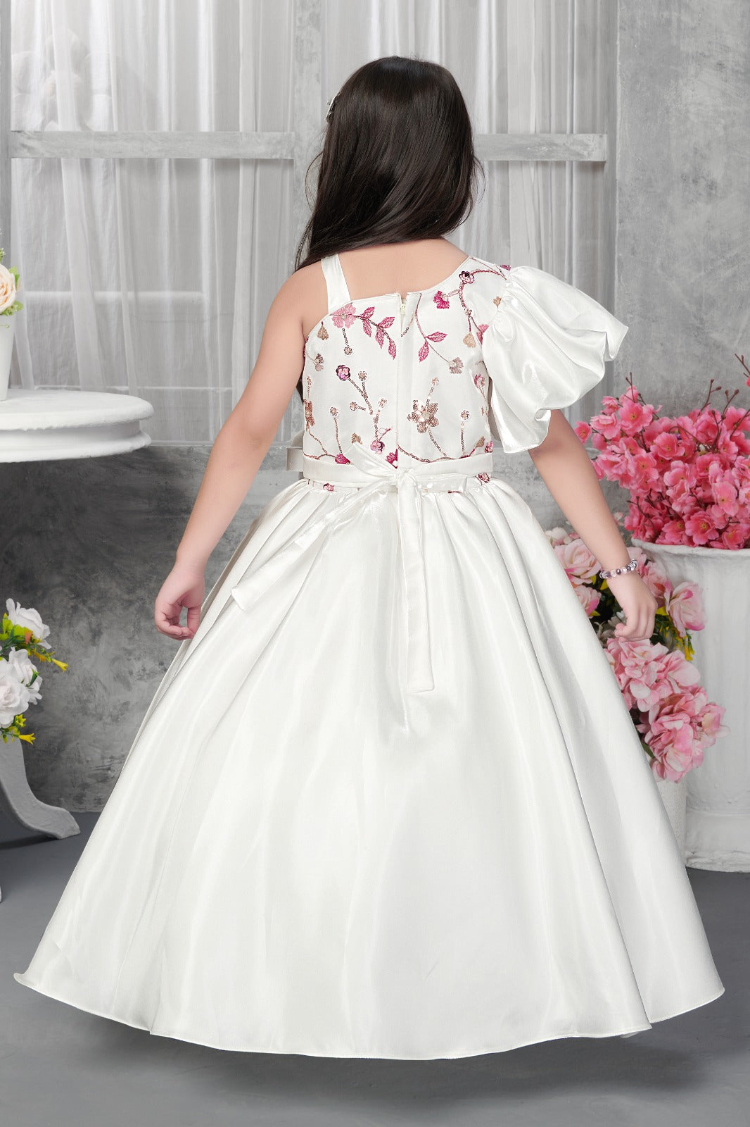 Elegant White One-Shoulder Gown for Girls | Floral Embroidered Bodice with Puffy Sleeve & Satin Flared Skirt - Inayah Fashion