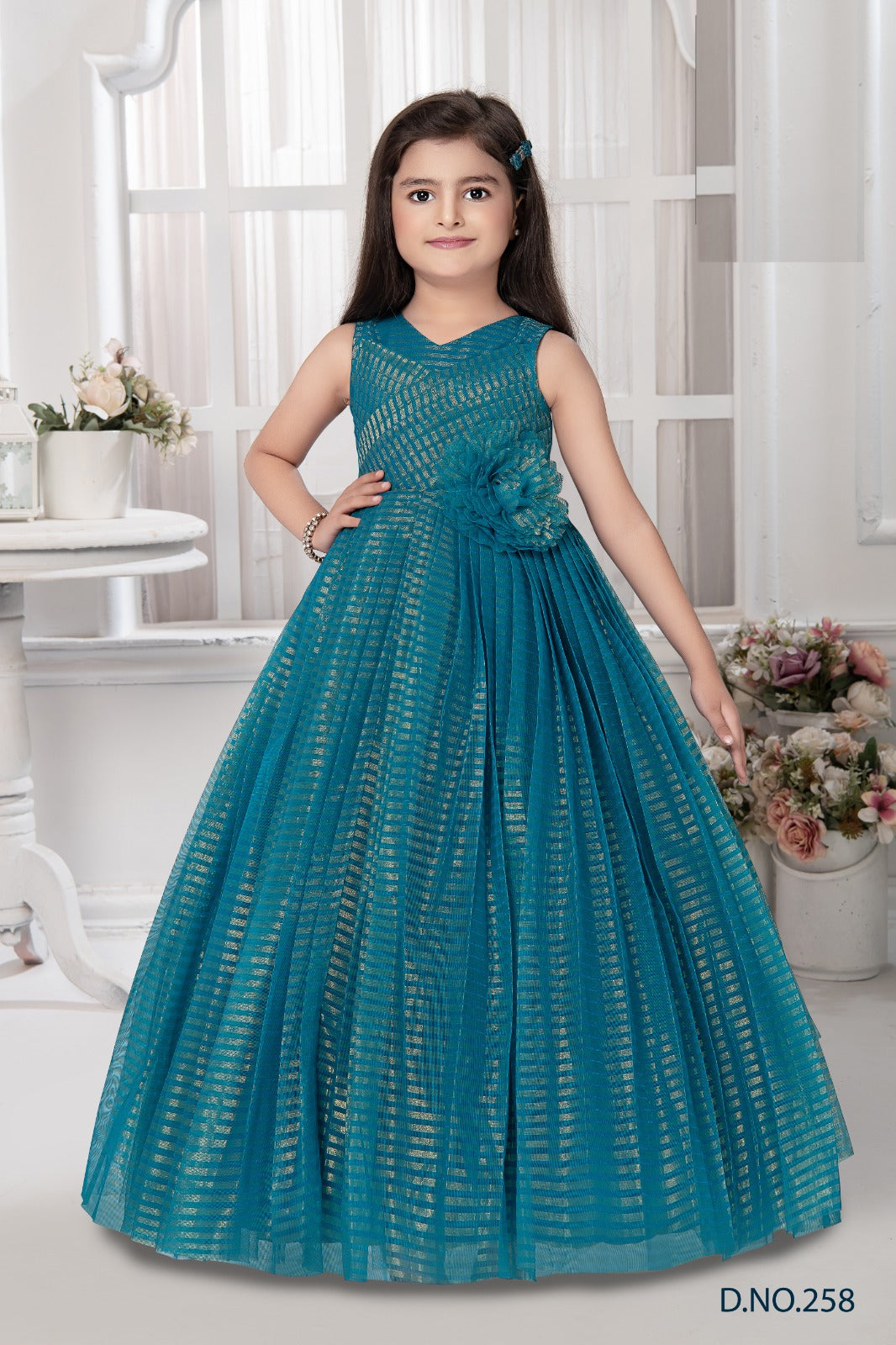 Teal blue striped sleeveless party gown for girls with floral waist accent